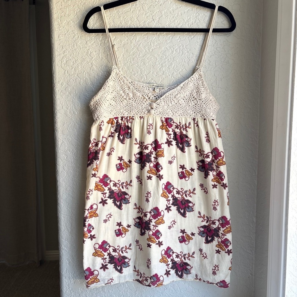 Women M Babydoll Cami Tank Top Floral Crochet Empire Waist Ivory Boho Cotton